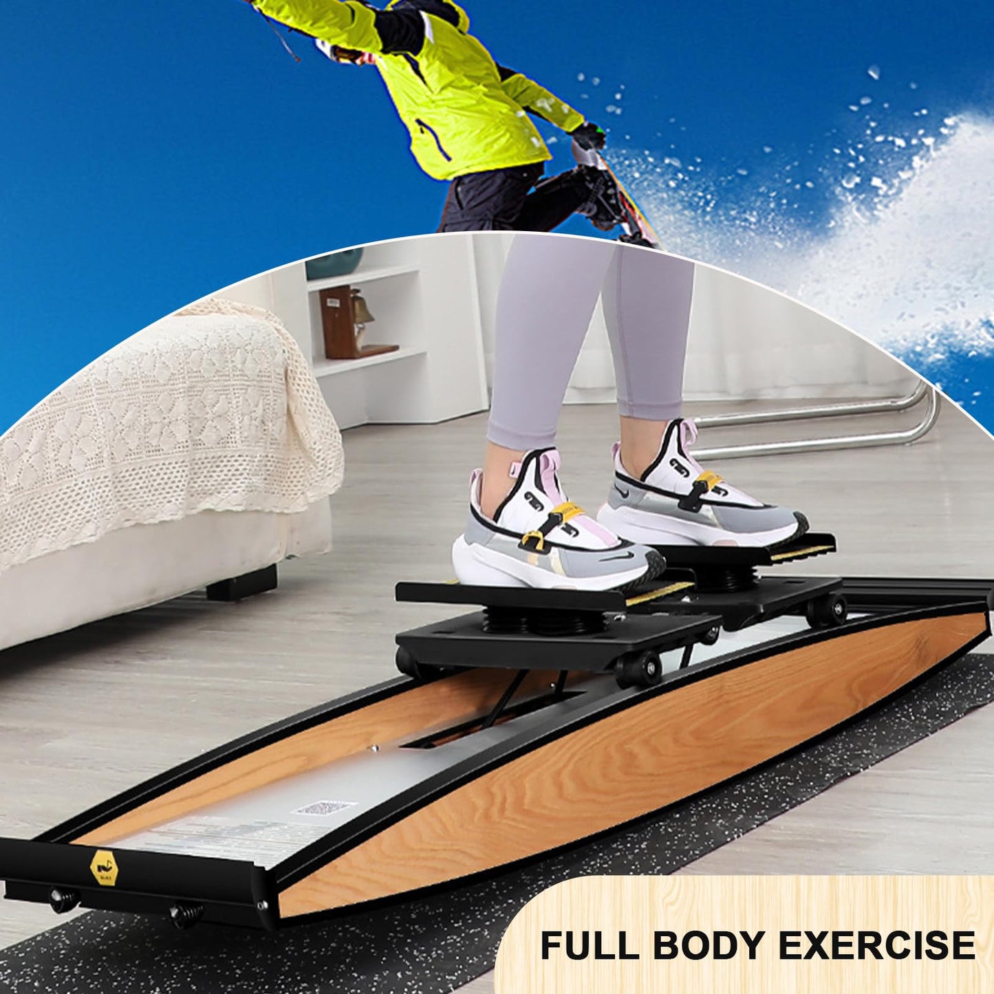 Indoor Ski Machine for Glutes and Leg Training, Body Balance Equipment with Ski Poles and Mats, Waist Abdominal Workout, 150kg Load Capacity