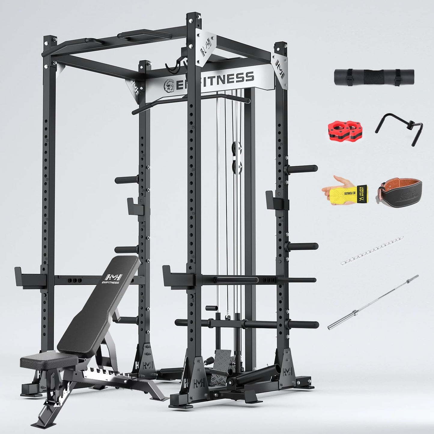 JZOPIDL X9 Power Cage with Adjustable Bench/Olympic Barbell/Cable Crossover/Smith Machine System, 3500LB Squat Rack for Home & Garage Gym, with Weight Storage Rack and Training Attachments