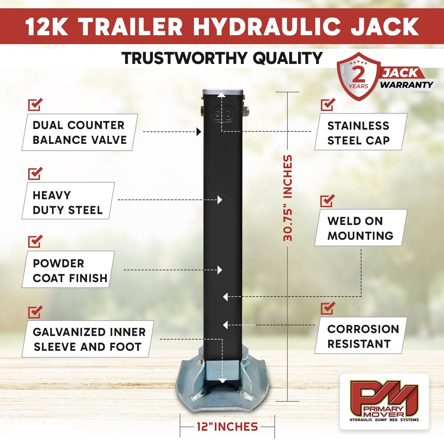Hydraulic Trailer Jack (12,000 lb) - Power Jack 12K Double Acting, Lift Trailer Jack Stand Kit (12k Jack Weld On) PFJ-1-ADS-K