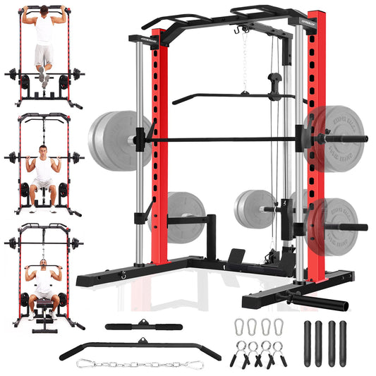 OPPSDECOR All-in-One Smith Machine Power Rack with LAT Pull Down System, Pull Up Bar, Barbell Bar, Plate Storage Pegs and More Training Attachment, Heavy Duty Smith Machine Home Gym (BlackRed)