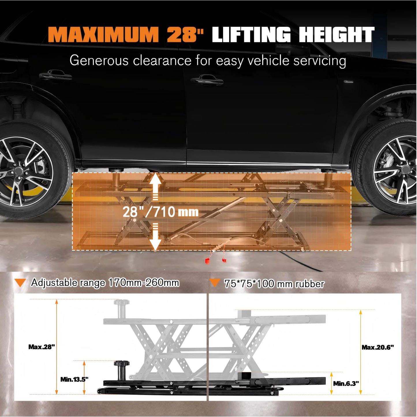 Jocisland 7000 LBS Portable Car Lift, Heavy Duty Quick Jack with 28" Max Height, Locking Levers & Wheels, Adjustable Scissor Lift for Cars, SUVs, Light Trucks, Garage or Shop Use, Black