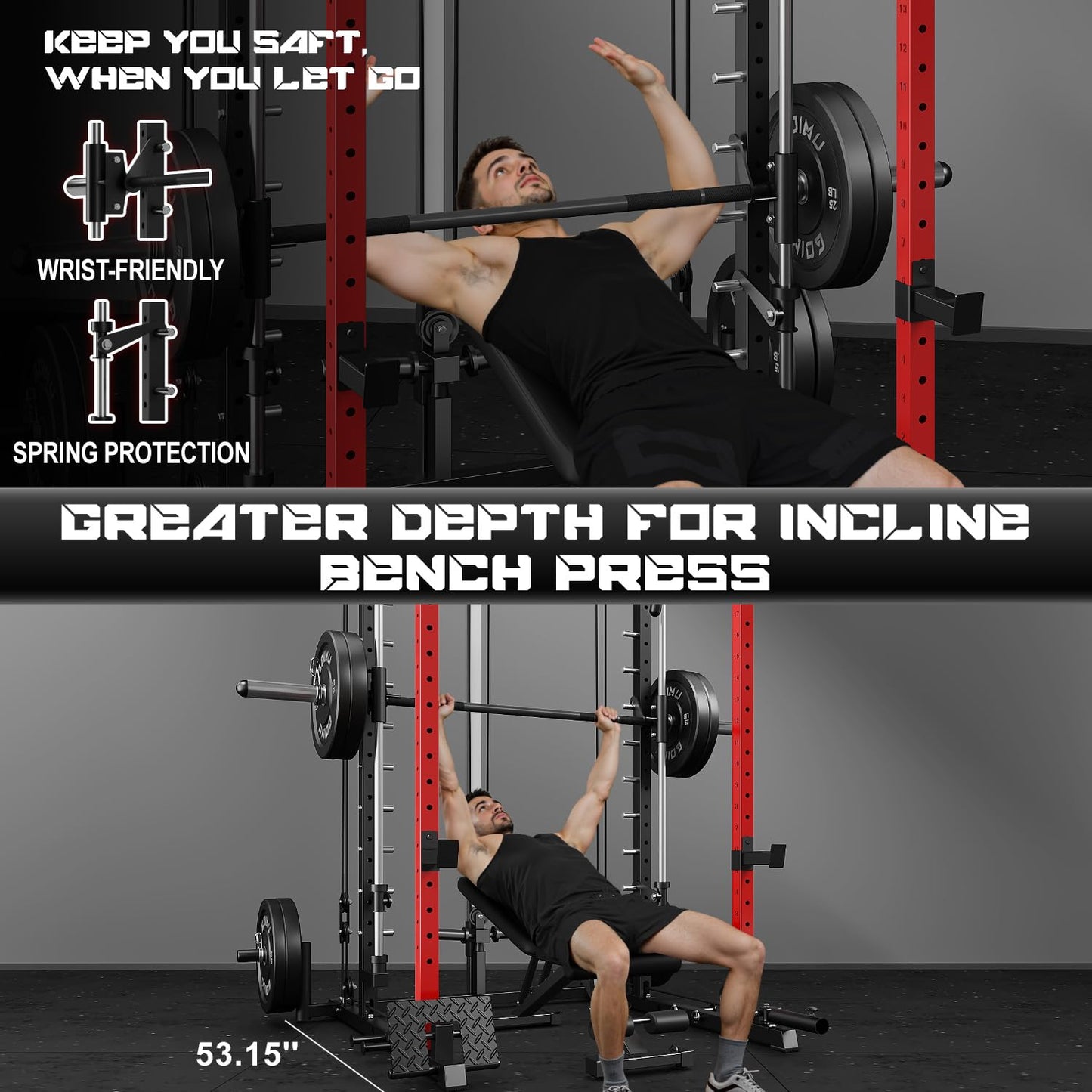 Goimu S1-V4 Smith Machine, 2000LBS Power Cage with Cable Crossover System, All-in-One Squat Rack with Smith Bar, Strength Training Equipment for Hone Gym (Red Smith Machine wiht 340lb Weights)