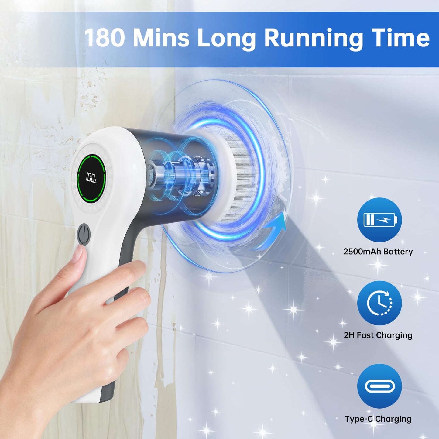 PUFTEM Electric Spin Scrubber, Cordless Shower Scrubber with Battery Level Display, 2 Speeds Electric Scrubber for Cleaning with 6 Replaceable Heads, Cleaning Brush for Bathroom/Sink/Window (Gray)
