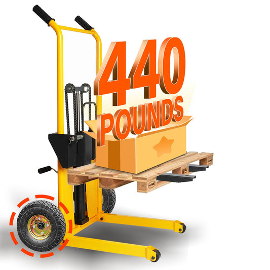 Foldable Hydraulic Material Lift Dolly, Pallet Stacker, 440lbs Capacity, Removable Steel Platform & Fork Arms, with Pneumatic Tire, Winch Stacker (440 lb. Steam Tire Wheel)