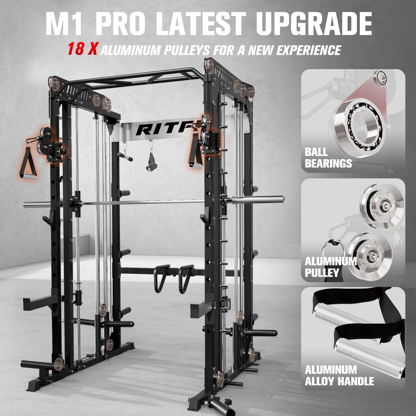 RitFit M1 Pro Smith Machine with Cable Crossover System, Multi-Function Squat Rack Power Cage for Home Gym, Power Rack and Packages (with M1 PRO Pink BP 260LBS), Blackpink
