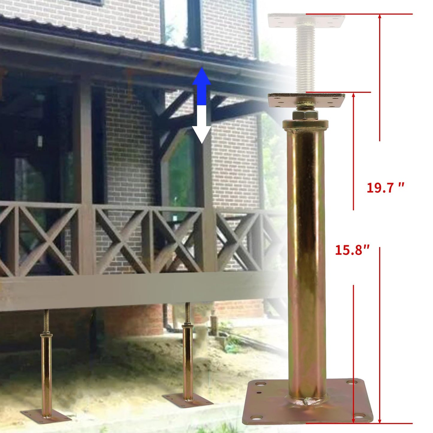 4 Pack Adjustable House Floor Jacks – 16"-20" Heavy Duty House Jacks for Leveling, Steel Support Posts for Beams, Decks, Crawl Spaces, Basements-Bronze