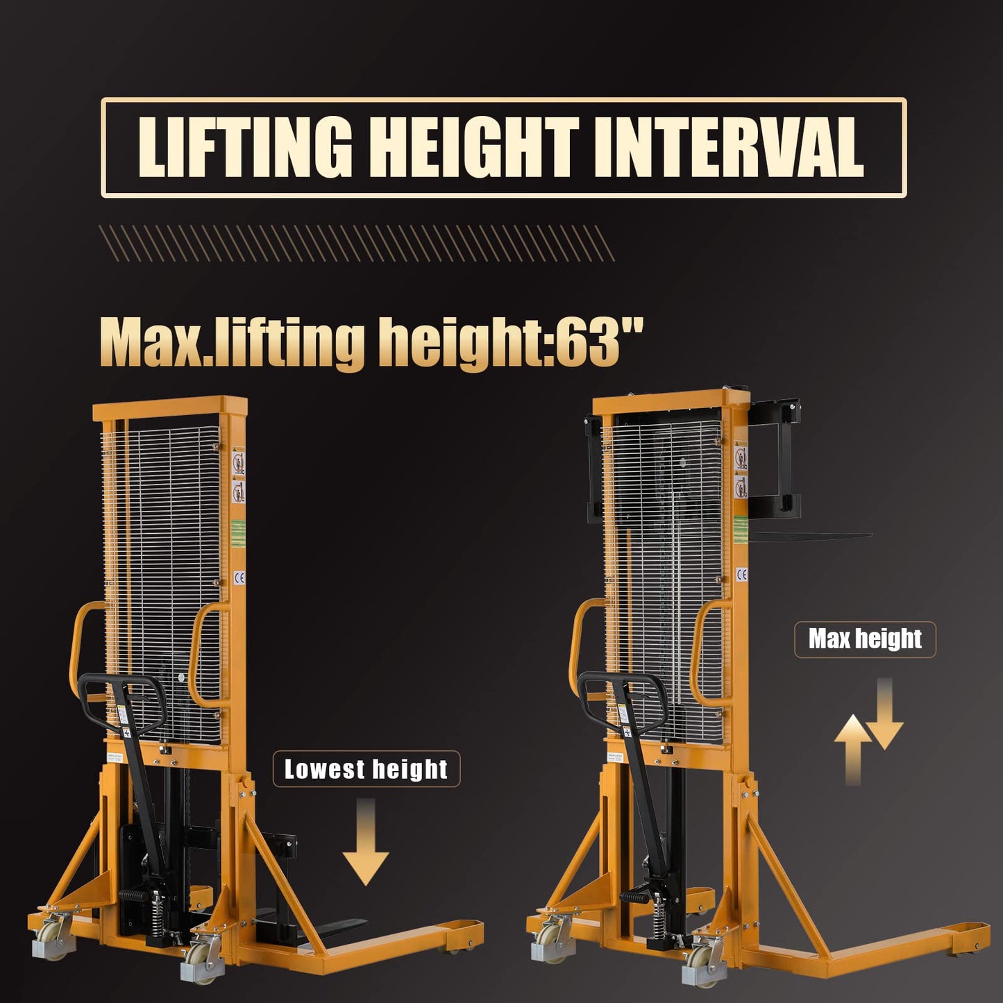 Aequanta Manual Pallet Straddle Legs Stacker 2200lbs Capacity 63" Lifting Height Material Lifter with Adjustable Forks
