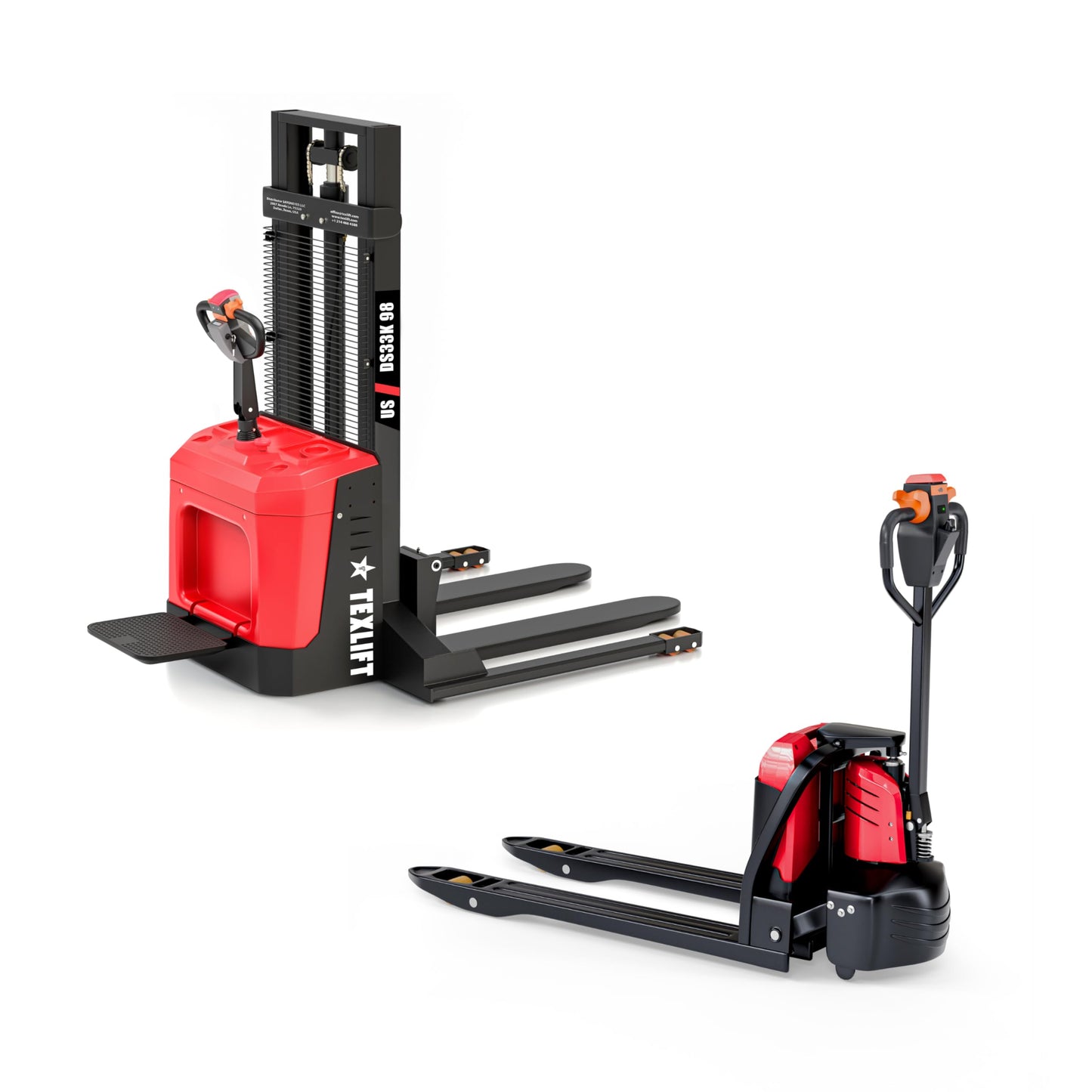 Electric Pallet Stacker & Electric Pallet Jack Combo, 3300 Lb Capacity Each, 98″ Lift Walkie Stacker with Stand, 48″x27 Fork Electric Pallet Truck, Lithium Battery Powered Material Handling Equipment