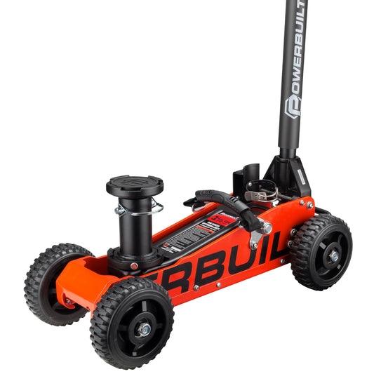 Powerbuilt 1.5 Ton Big Wheel Off Road Jack, Vehicle Lift for Trucks, SUVs, ATVs Offroad Vehicles, Oversized Wheels for Rugged Terrain, 3000 LB Capacity, Orange 620704ECE