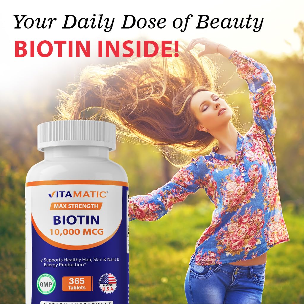 Vitamatic Biotin 10,000 mcg (10 mg) for Stronger Hair, Skin & Nails - 365 Vegan Tablets- Also Called Vitamin B7
