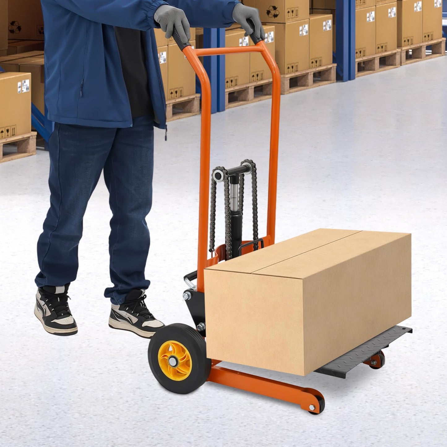 Hydraulic Material Lift Winch Stacker 577 lbs Capacity, Heavy Duty Adjustable Lift Stacker, 35.43in Max Lift, Hand Hydraulic Material Lift Pallet Truck for Workshops, Warehouses, Factories
