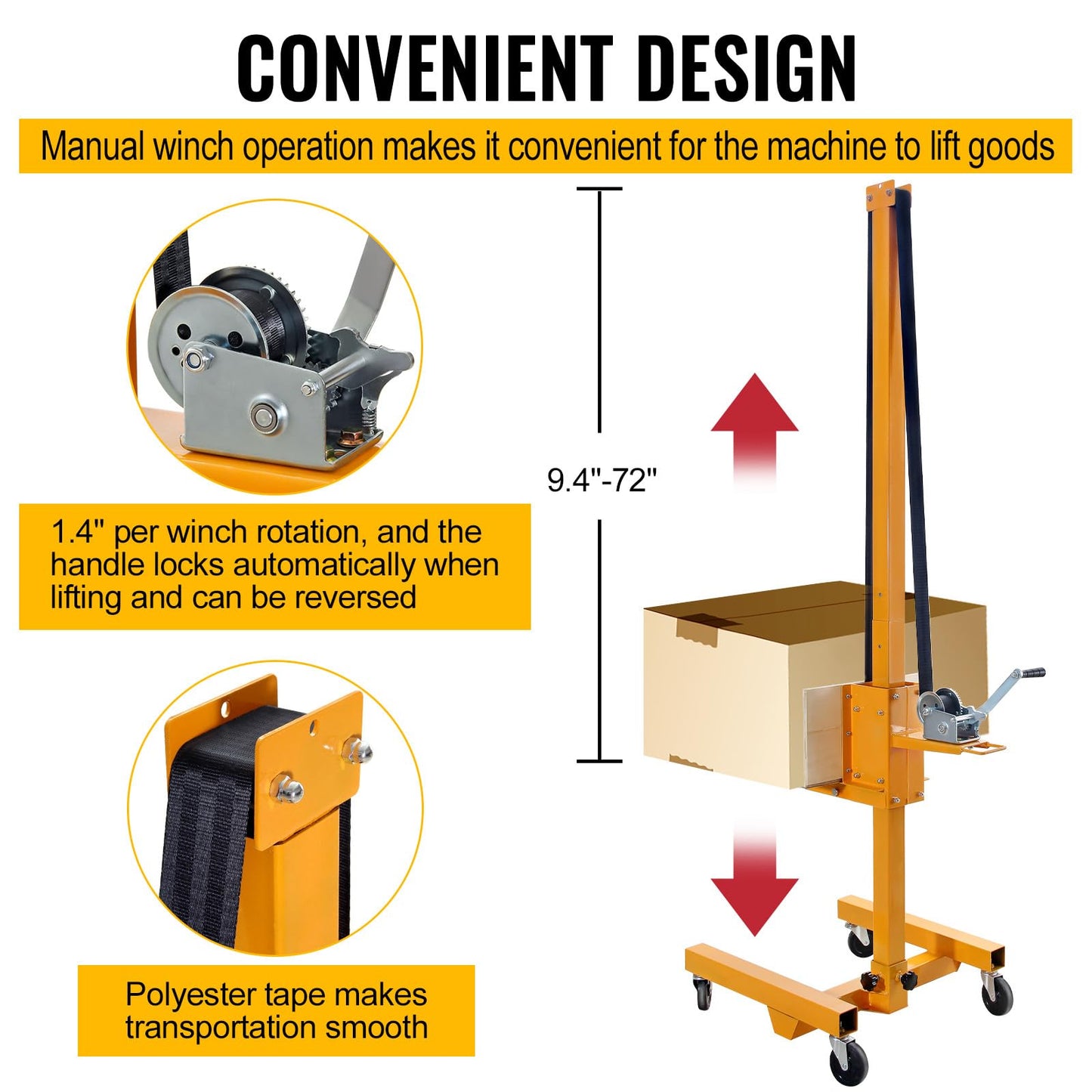 Manual Winch Stacker, 19.7" L X 15.7" W Platform with 9.4"-72" Adjustable Height, Heavy-Duty Steel Lite Load Lift Winch, Hand Winch Lift Truck for Shipping Facilities