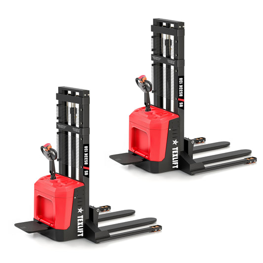 Full Electric Forklift Walkie Pallet Stacker with Stand - Fixed Straddle Legs and Adjustable Forks 5.50 Inch to 27 Inch – Material Lifter 3300lbs Capacity 12Ft/118 Inch Lifting Heights - 2 Pack