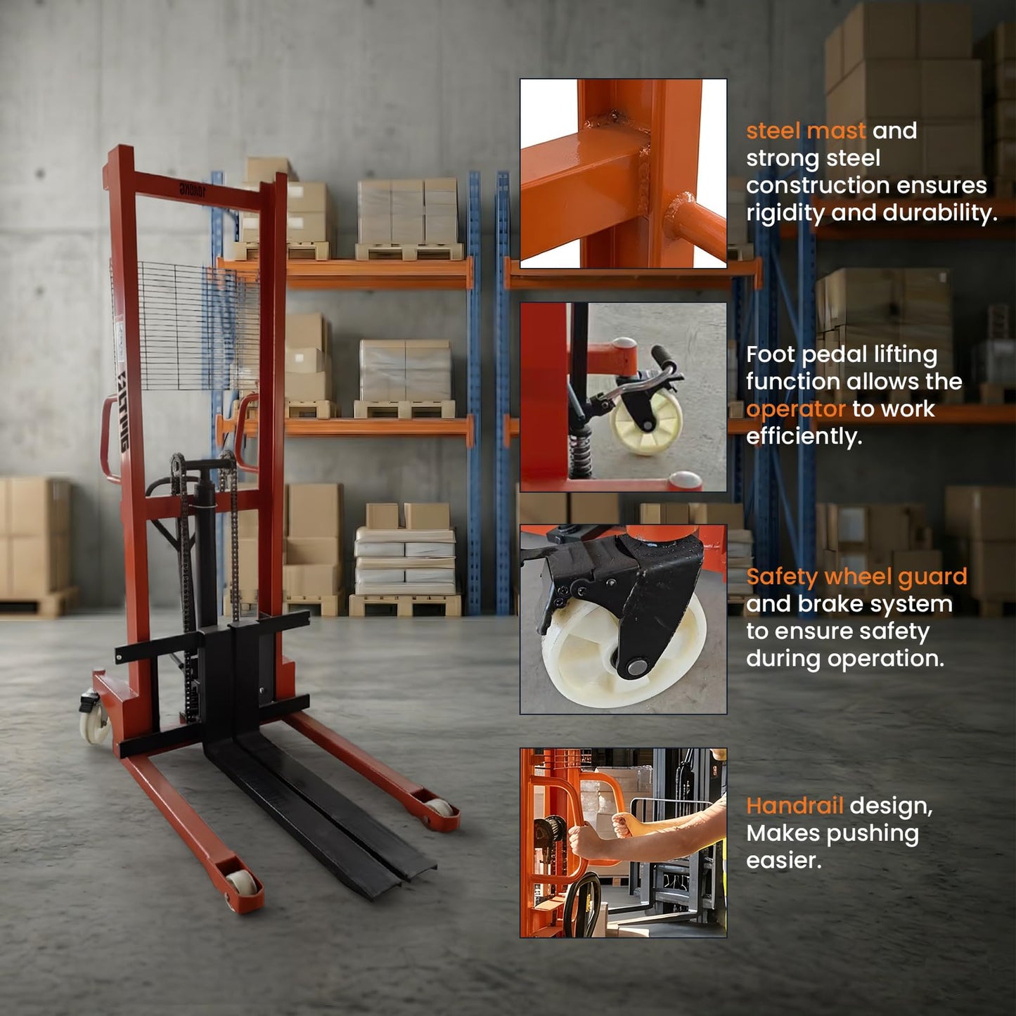LTMG Manual Stacker Hand Pallet Forklift 2200 lbs Capacity Hydraulic Material Lift 62.99" Lift Height Multifunctional Pallet Truck Manual with Adjustable Forks
