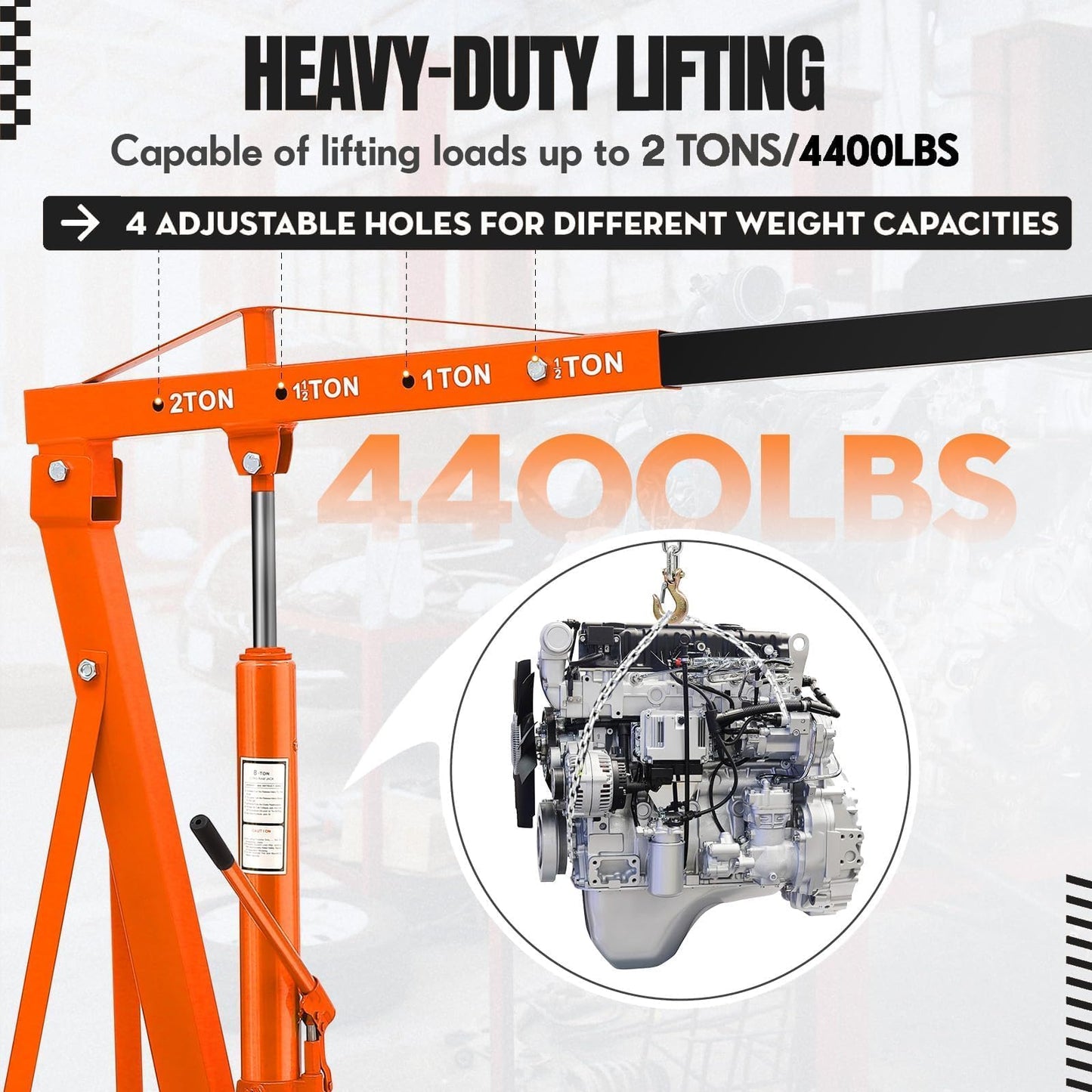 Hydraulic Engine Hoist, 2-Ton Folding Portable Shop Crane Lift, 4400 Lbs Capacity with Telescopic Boom and 6 Casters, Foldable Mobile Cherry Picker for Garage Workshop Warehouse, Orange, Heavy-Duty