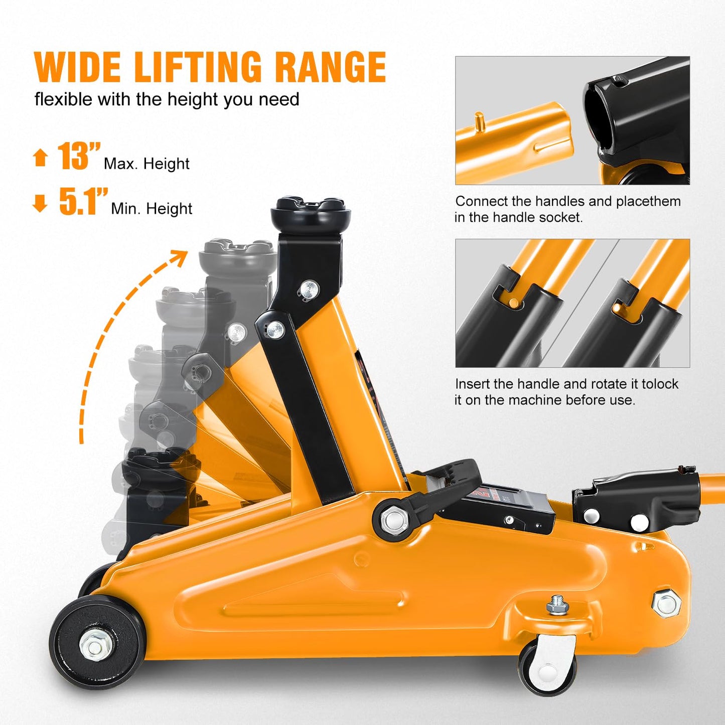 DNA Motoring Low Profile Hydraulic Trolley Service/Floor Jack, 2 Ton (4000 lbs) Capacity, Lifting Range 5.1"-13", Orange, TOOLS-00474-OG