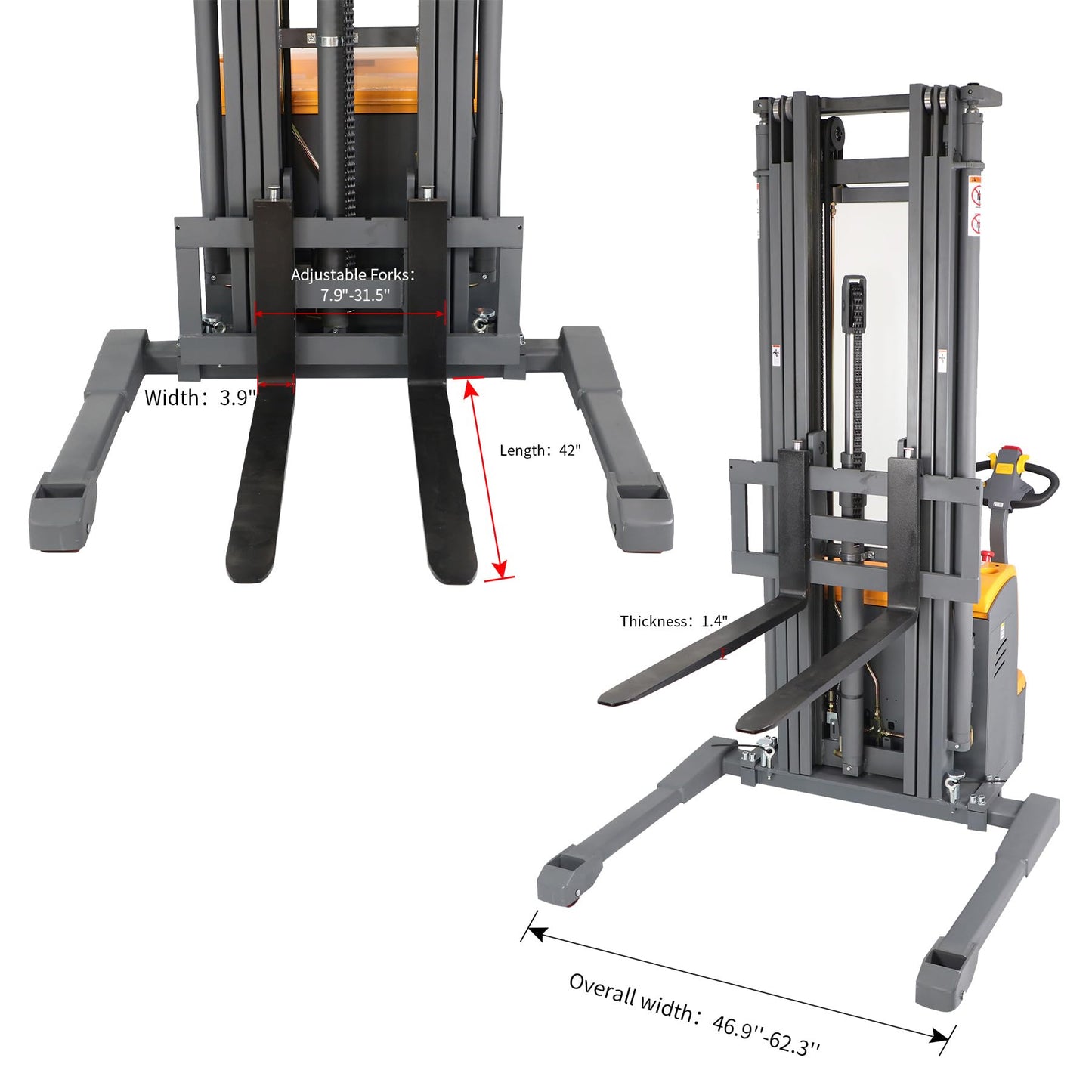 APOLLO Full Electric Stacker Powered Straddle Forklift and Legs 3300lbs Capacity 177''Lifting Height with Adjustable Forks Material Lifter Suitable for Narrow Space Warehouse or Factory