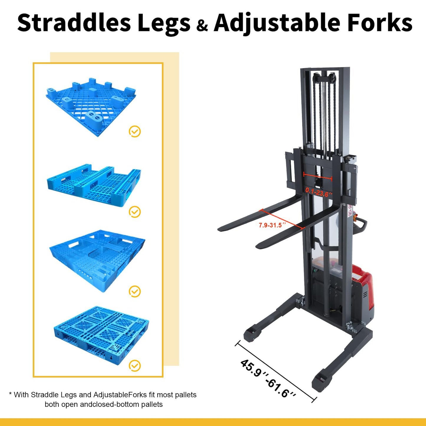 Full Electric Stacker 3300 lbs Capacity, 118" Lifting Height - Industrial Heavy Duty Forklift, Straddle Legs, Adjustable Forks, Power Pallet Stacker for Material Handling, Warehouse