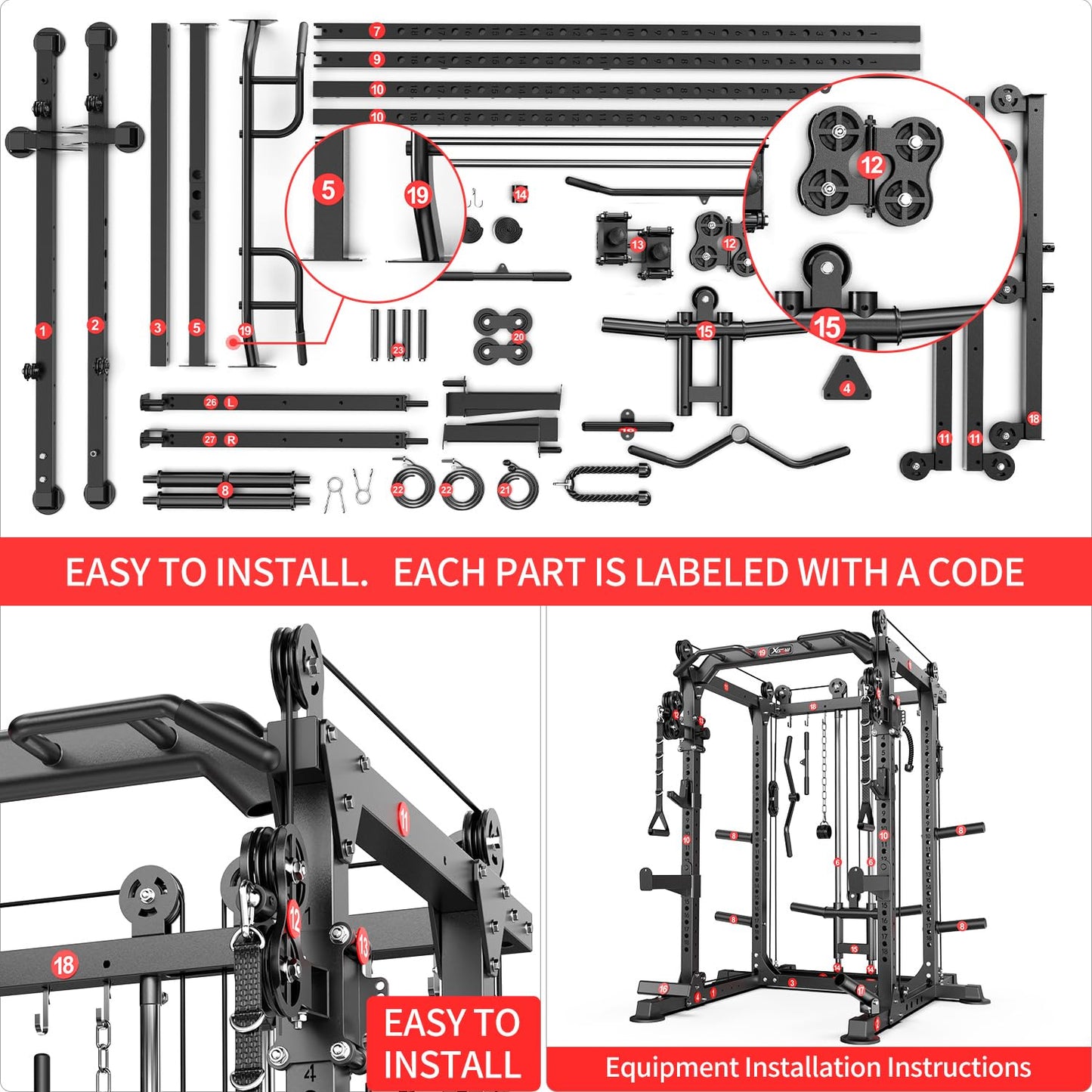 XGSW XINGESIWR Multi-Purpose Squat Rack,Smith Machine Weight Rack Set with Cable Crossover System, Home Gym Power Racks, Power Racks and Packages (L02, Power cage Black+Bench+Cast lron 220LBS)