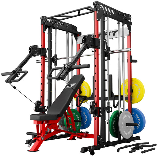 RitFit M1 Pro Smith Machine with LAM1 Adjustable Lever Arm Attachment, All-in-One Power Cage, Power Rack with LAT Pulldown & Cable Crossover System for Home Gym(Red,CP230)