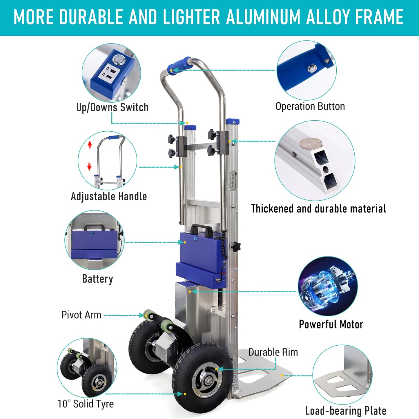 HITUGU Electric Stair Climbing Hand Trucks Dolly Cart, 440lb Load Capacity Heavy Duty Stair Climbing Cart Aluminum Powered Stair Climbing Hand Truck with Extensible Handle