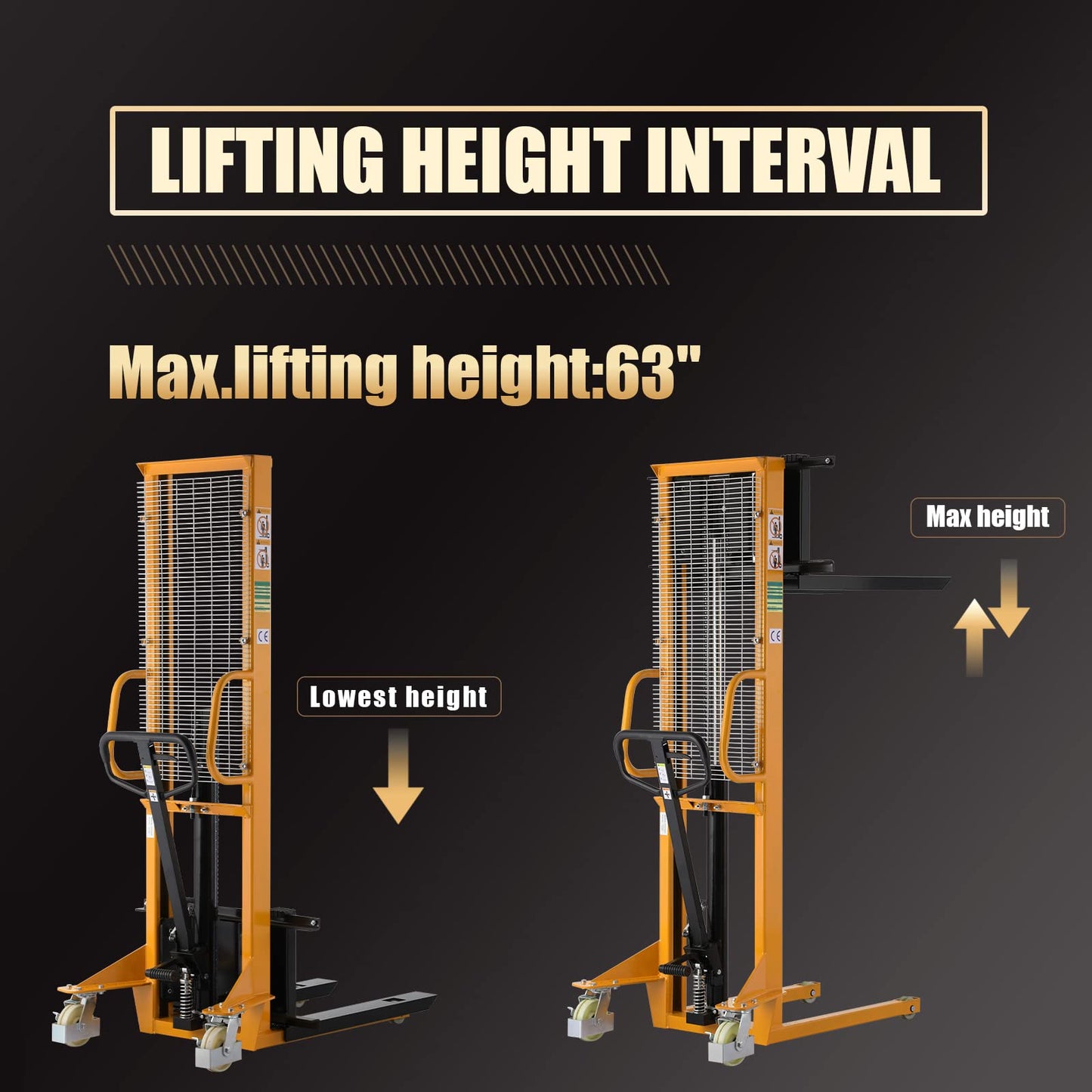 Aequanta Manual Pallet Stacker Hydraulic Hand Forklift with Fixed Legs and Adjustable Forks, 1100lbs Capacity, 63" Lifting Height for Open Bottom Pallet