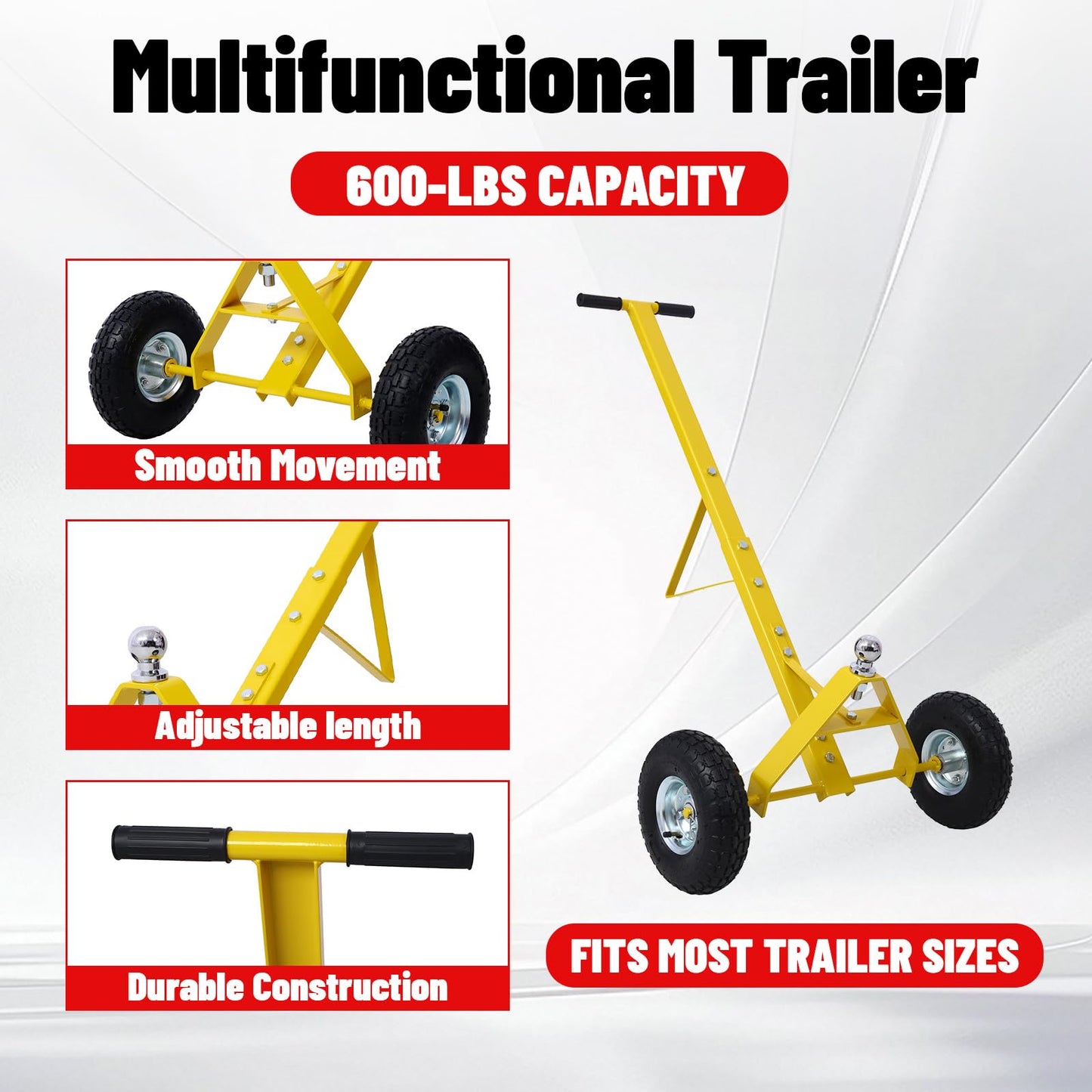 S.Walt 600 LB Load Capacity Trailer Dolly, Heavy Duty 2-Wheel Hand Trailer Mover with 1-7/8" Hitch Ball, Dual 10” Pneumatic Tires for RV, Boat & Utility Trailers, Yellow
