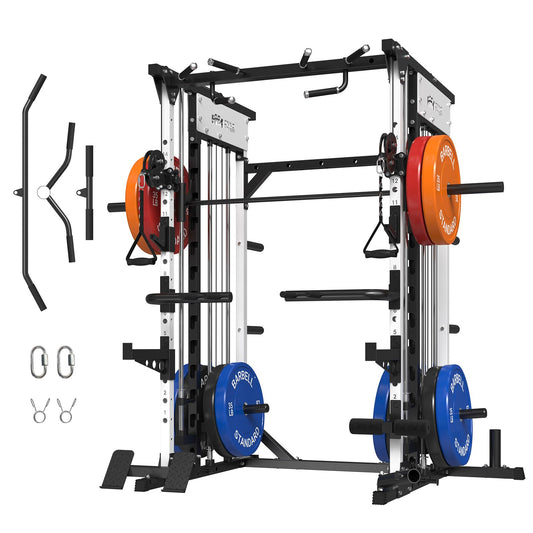 ONNO Smith Machine,2200lbs Squat Rack with LAT-Pull Down & Cable Crossover System,Multi-Function Power Cage for Home Gym with Leg Hold-Down Attachment(White)
