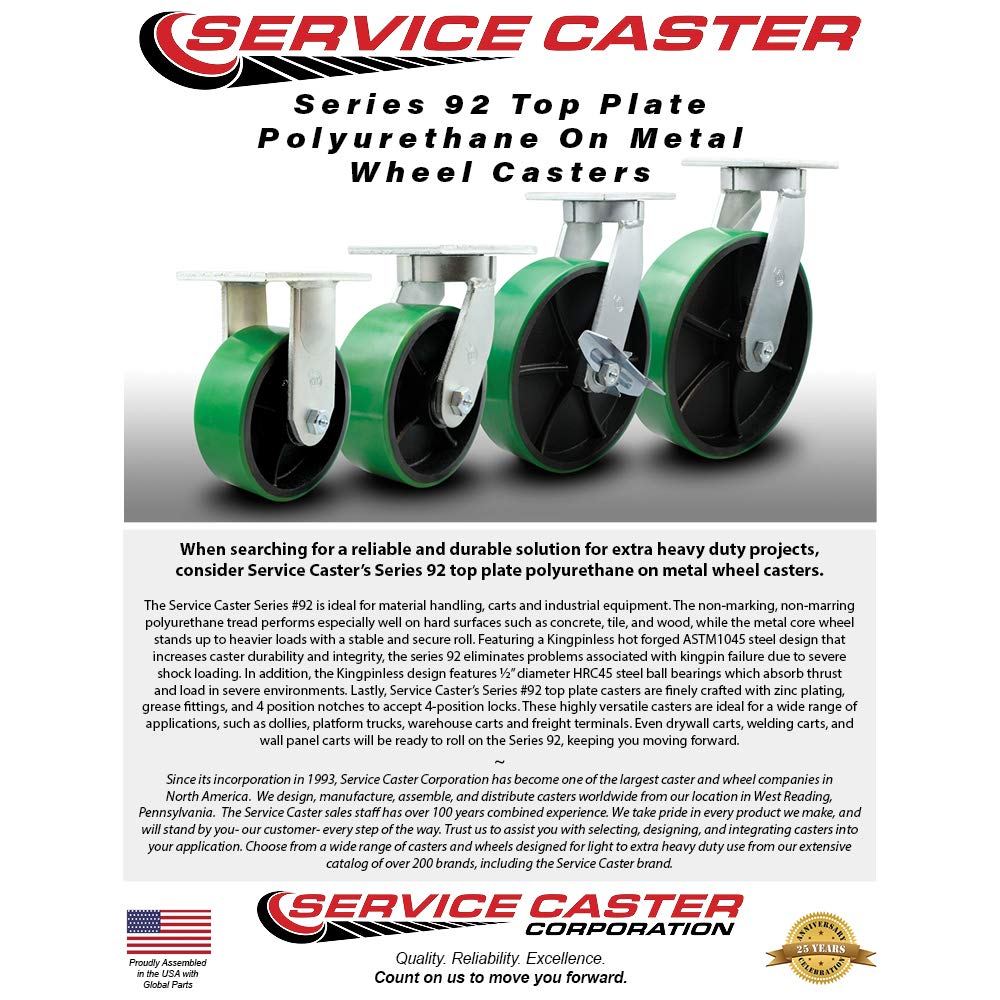 Extra Heavy Duty 6”x3” Green Poly on Cast Iron Swivel Caster Set for Cranes, Gantries, Hoists, and Winches-2 Swivel with Side Lock Brakes and 2 Rigid-2,000lbs Per Caster-Set of 4-Service Caster Brand