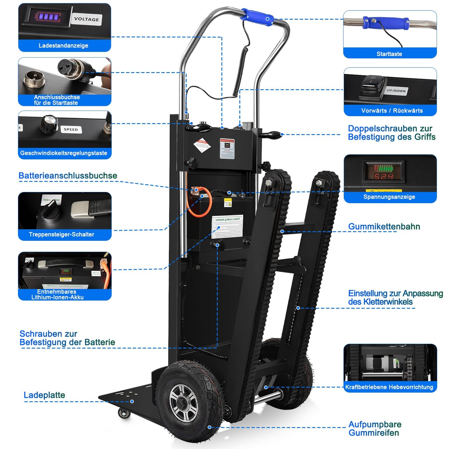 Electric Stair Climbing Dolly, 1250W Electric Stair Climbing Hand Truck, 900lbs Load Capacity, 3 Mode Folding Stair Climber Hand Trucks with Telescopic Handle for Moving Furniture (Black/BigWheel)