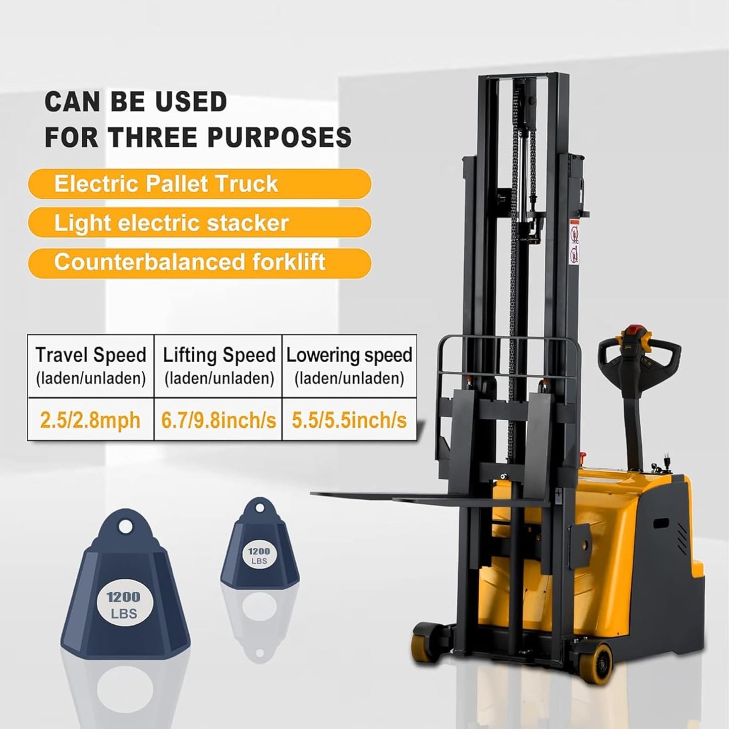 Tory Carrier Forklift Full Electric,Material Lift Counterbalanced Stacker,Pallet Lift 118”Height 1200lbs Capacity