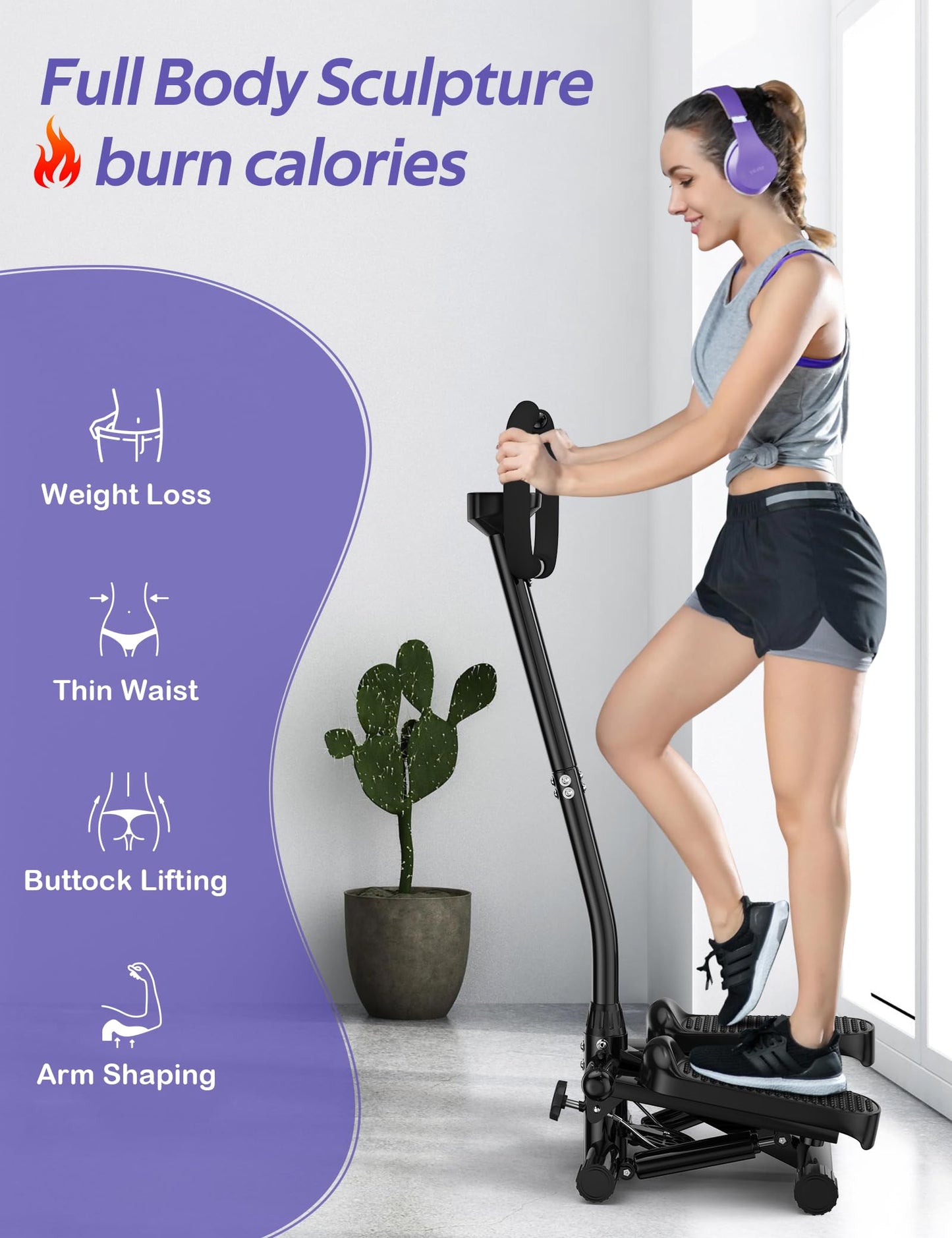Amicus Mini Stepper with Handlebar, Stair Steppers with Resistance Band, Hydraulic Fitness Stepper with Floor Mat LED Monitor Machine for Home, 330lbs Weight Capacity, Charcoal Black