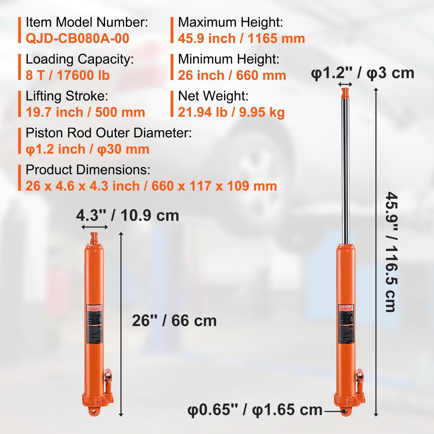 VEVOR Hydraulic Long Ram Jack, 8 Ton Engine Hoist Cylinder with Single Piston Pump and Clevis Base, Hydraulic Ram Cylinder for Engine Lift Hoists, Hydraulic Garage/Shop Cranes, Mechanical, Farm