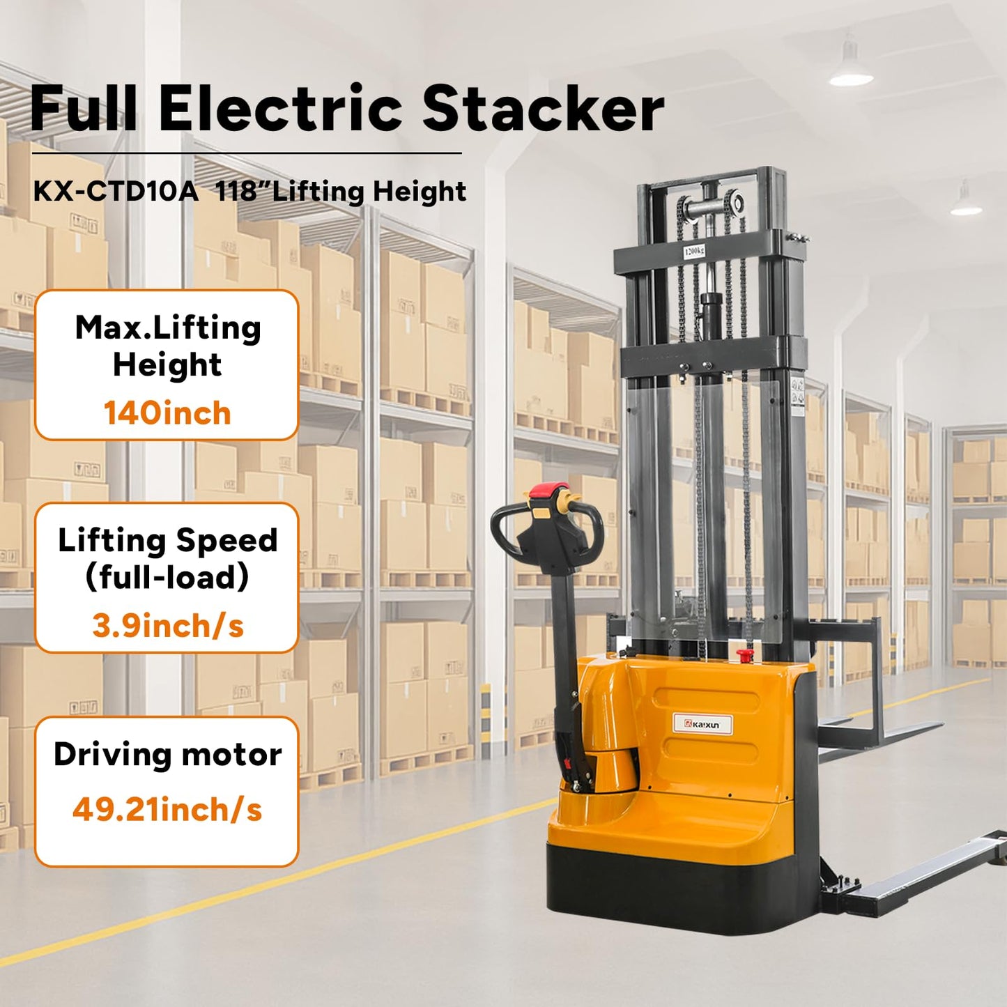 KAIXUN Full Powered Electric Walkie Stacker with Adjustable Straddle Legs – Material Handling Lift Truck 2200lbs Capacity 118'' Lifting Heights