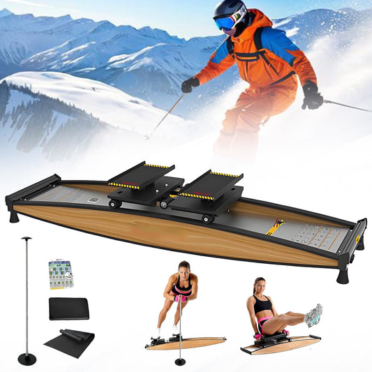 Indoor Ski Machine for Glutes and Leg Training, Body Balance Equipment with Ski Poles and Mats, Waist Abdominal Workout, 150kg Load Capacity