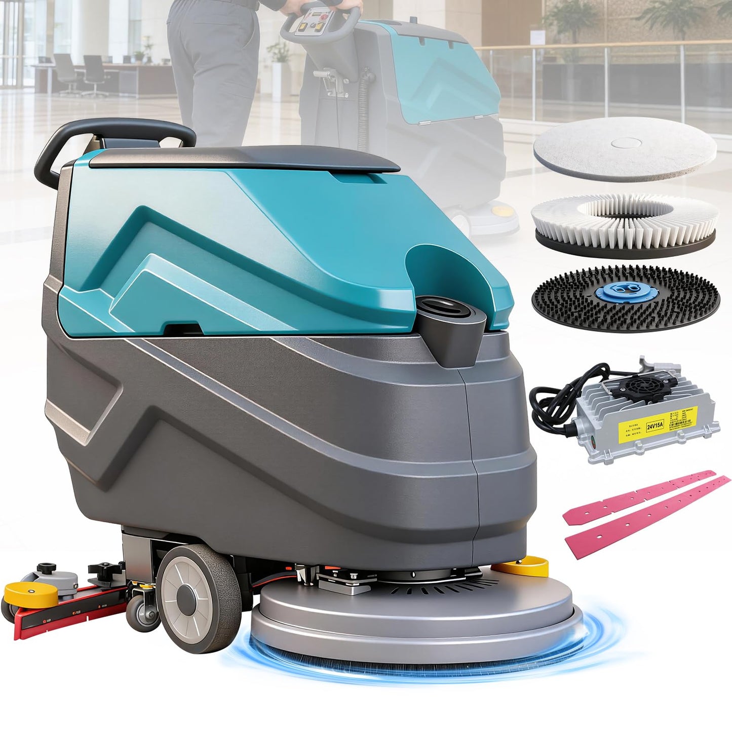 KARHDIR Walk Behind Commercial Floor Scrubber Machine, 22" Rotary Disc Brush, 31.5" Squeegee Width, 18.5-gal Sewage Tank, 15.9-Clear Water Tank,32000 sqft/h, High Efficiency for Large Areas