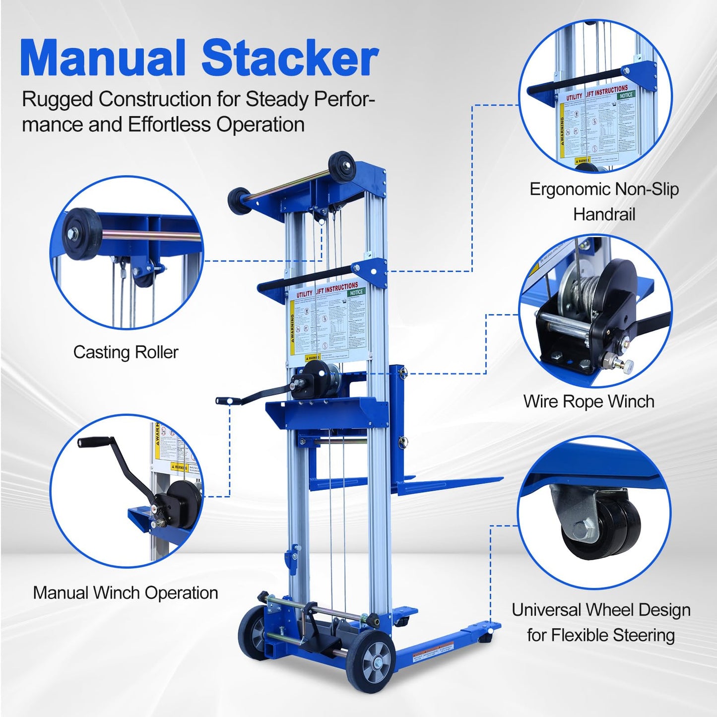 ELOMBR 500 lbs Capacity, Material Lift Winch Stacker, 70" Lift Height, Fixed Straddle Hand Winch Lift Truck, Material Lifts for Warehouse, 34.60"L x 24.80"W