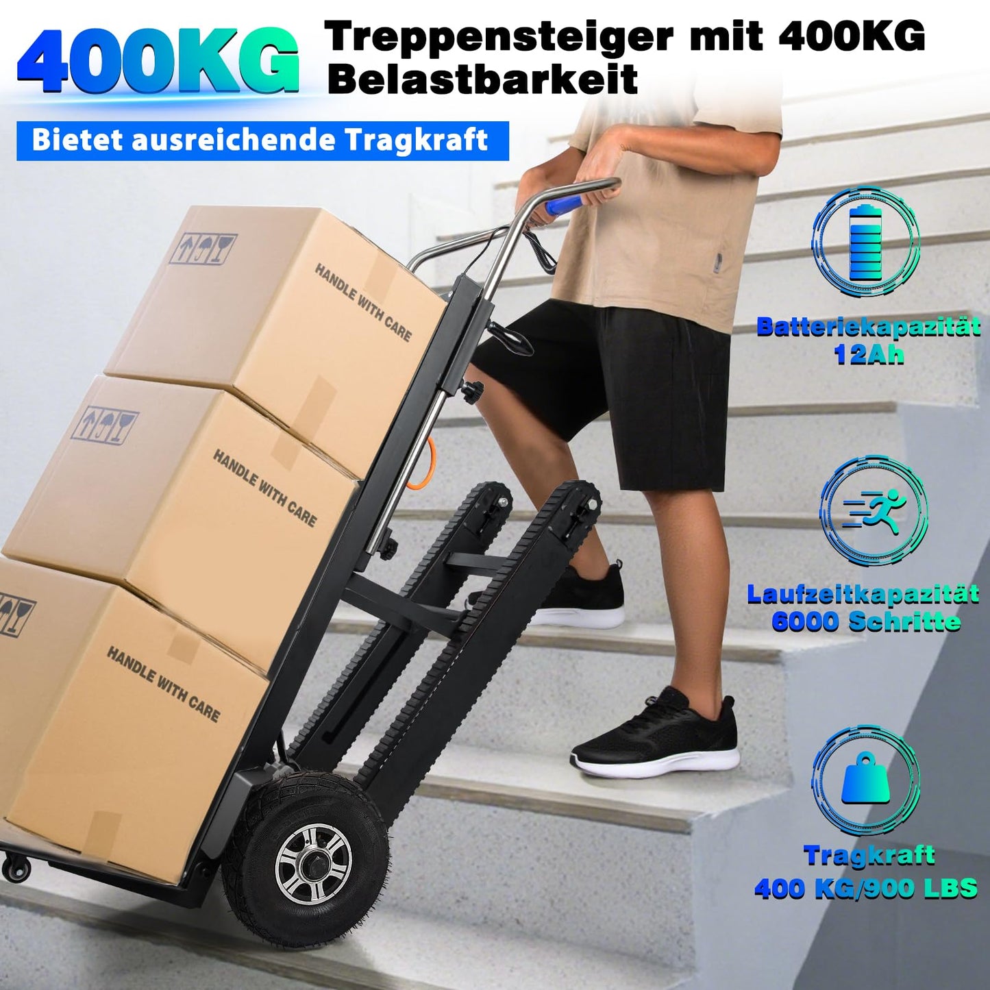 Electric Stair Climbing Dolly, 1250W Electric Stair Climbing Hand Truck, 900lbs Load Capacity, 3 Mode Folding Stair Climber Hand Trucks with Telescopic Handle for Moving Furniture (Black/BigWheel)