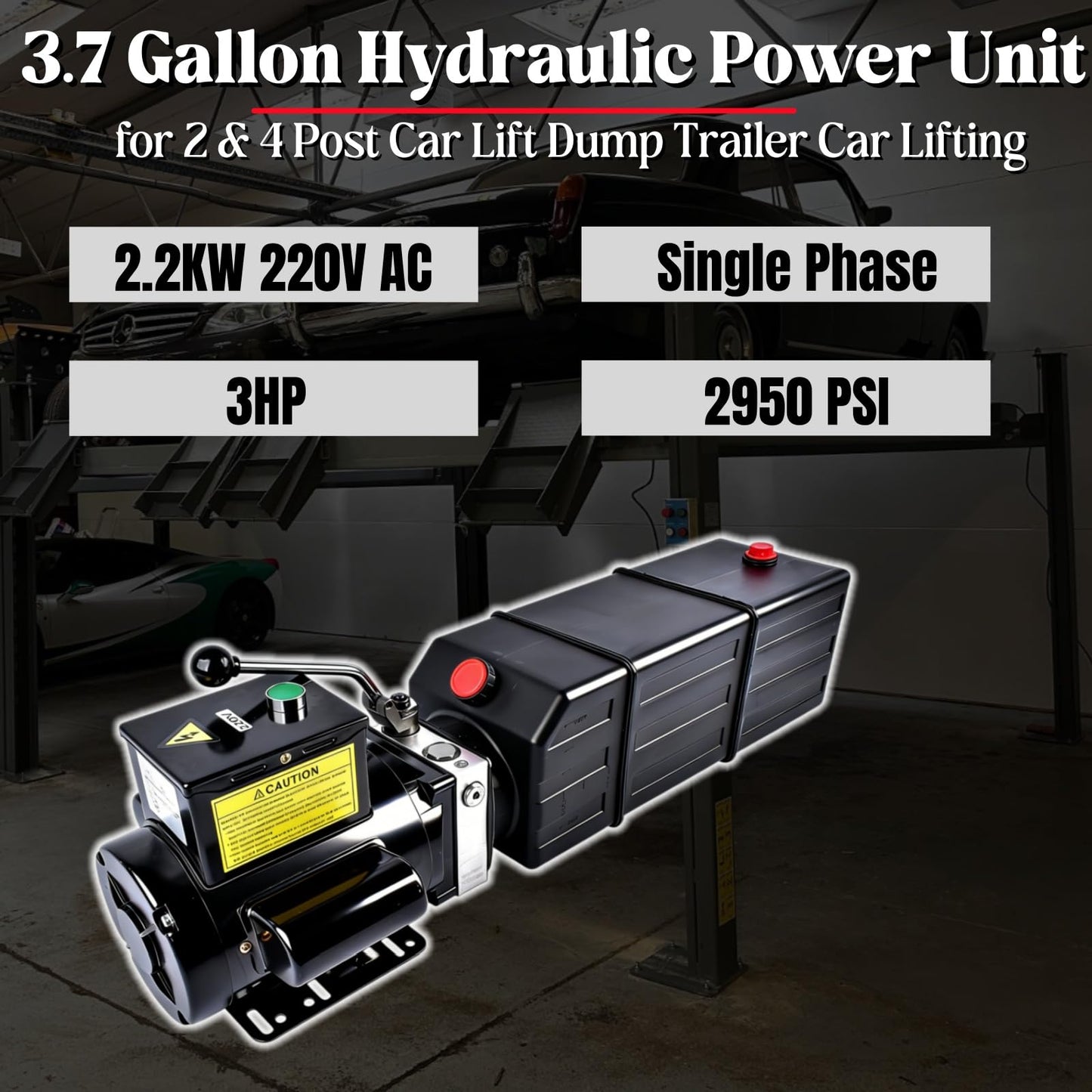 3.7 Gallon Hydraulic Pump, 220V 3HP 2950 PSI Single-Acting Hydraulic Power Unit for 2 & 4 Post Car Lift Dump Trailer Car Lifting Mixizap