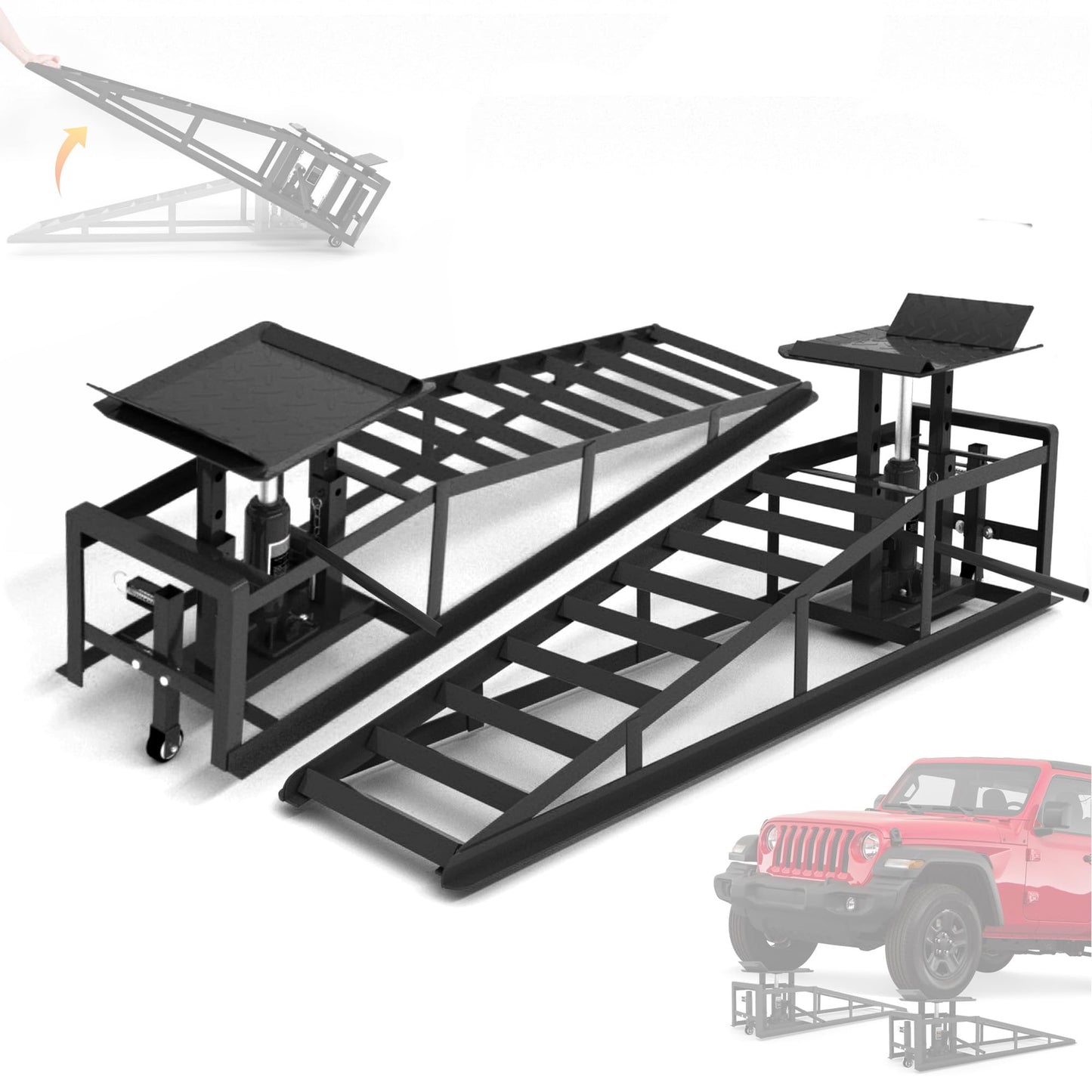 LOCKIETTA 2 PCS Hydraulic Car Ramps with Wheels, 11065LBS 5T Heavy Duty Car Ramp with Hydraulic Jack, Portable Car Lifts for Oil Changes for Home Garage, 9"-14.2" Lifts, Black