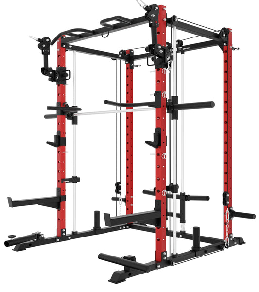 Eonfit E3 Smith Machine with 3D Rotating Arm for Home Gym Equipment, Multi-Function Power Cage Squat Rack with Cable Crossover LAT Pulldown Pulley System All in One (RED, PRO)