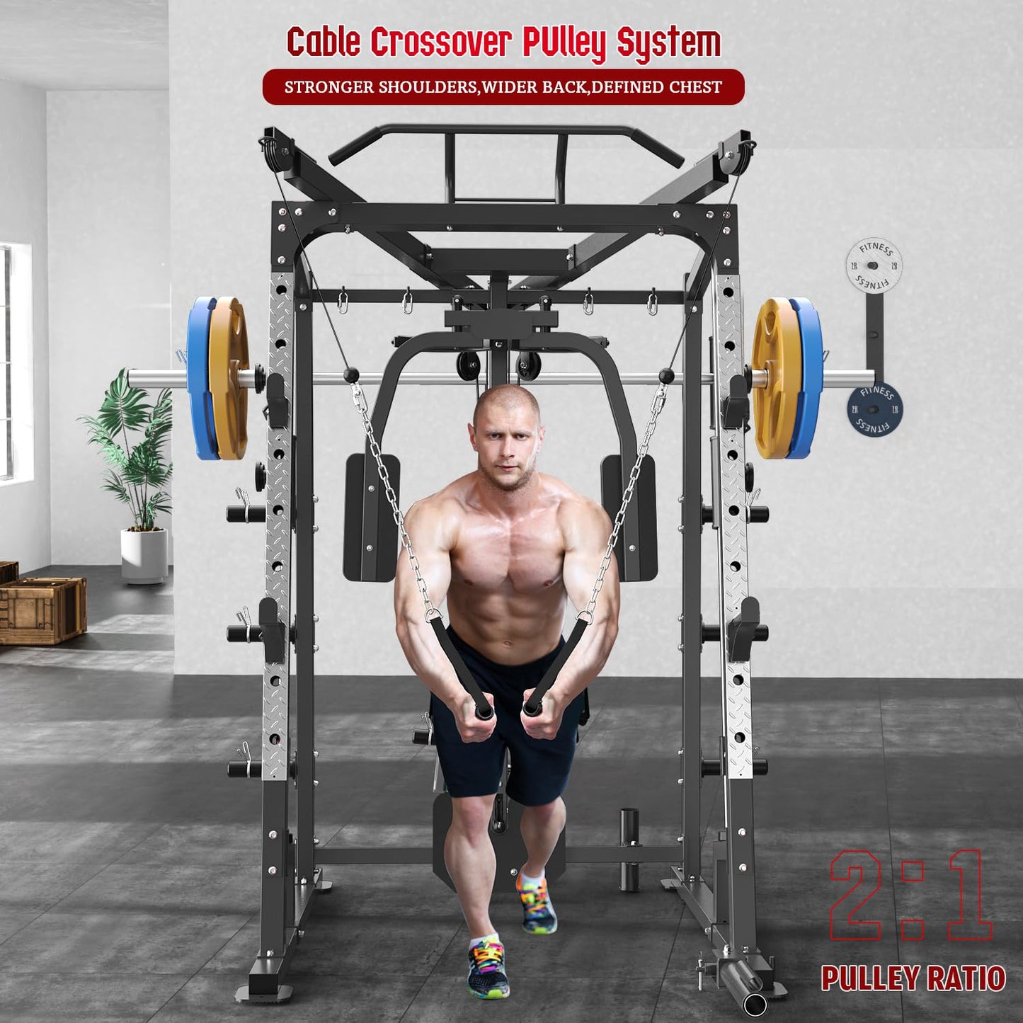 SunHome Smith Machine, Power Cage Squat Rack with Smith Bar, Two LAT Pull-Down Systems, Cable Crossover Machine and More Cable Attachment for Home Gym