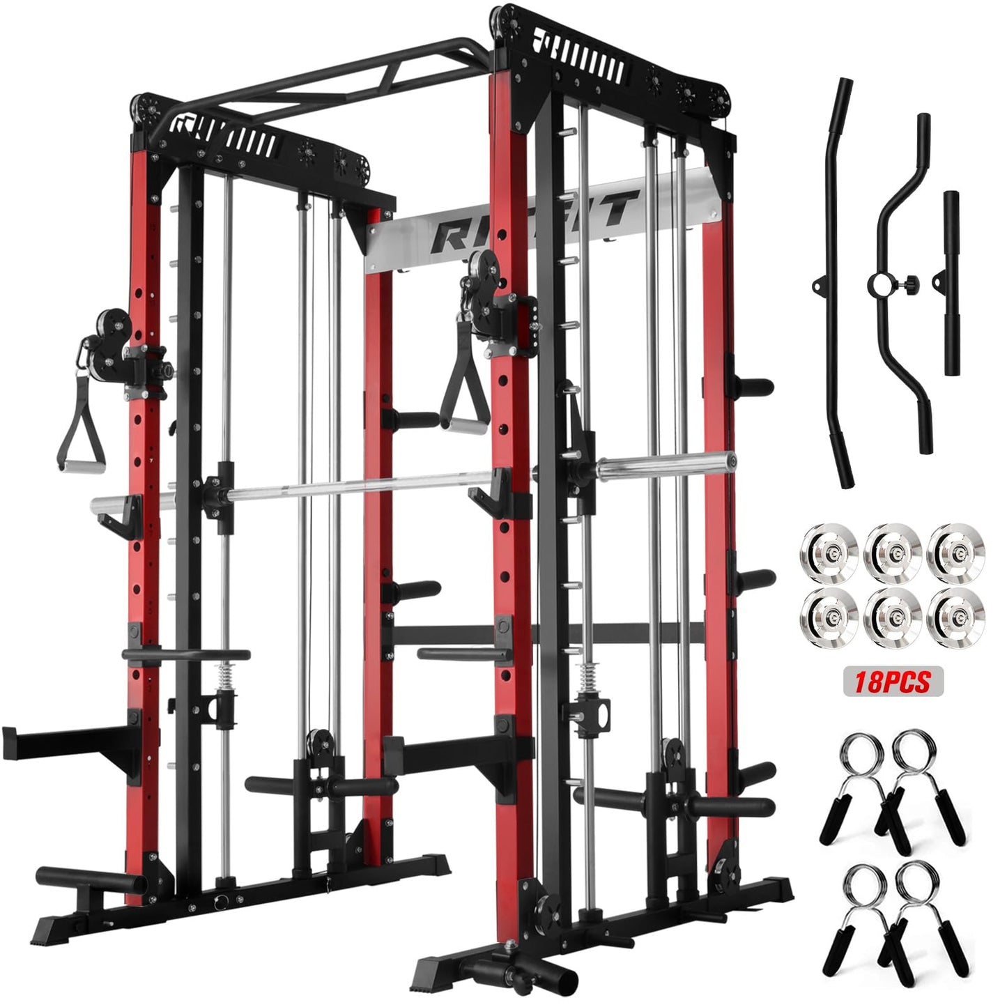RitFit M1 Pro Smith Machine with Cable Crossover System, Multi-Function Squat Rack Power Cage for Home Gym, Power Rack and Packages Red