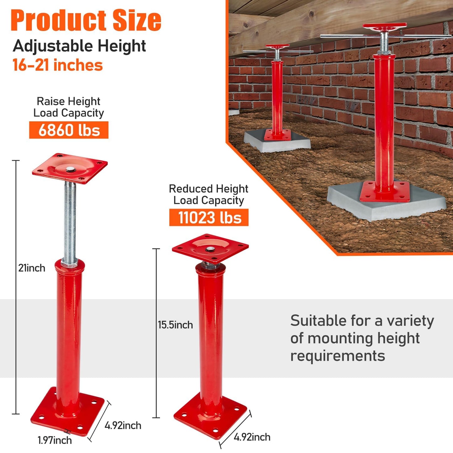 4 Pack House Jacks for Leveling Crawlspace, 16" - 21" Height Range, 11023 lbs Max Load Capacity, House Floor Jacks Post Pole for Leveling
