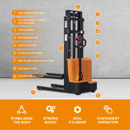 Electric Warehouse Stacker Forklift, Pallet Transport Lift Truck, Battery Powered Stacking Equipment, Walk Behind Hydraulic Pallet Lifter, Storage Logistics Handling Machine
