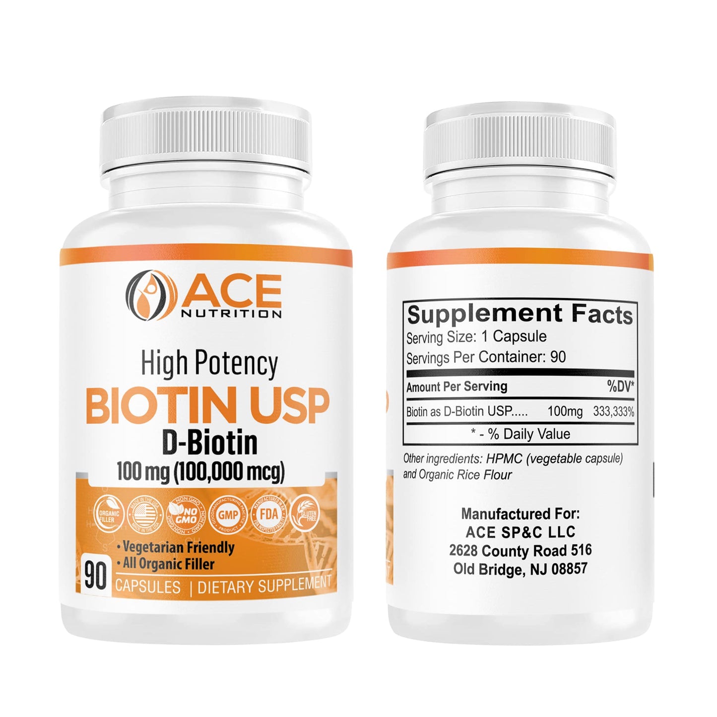 Ace Nutrition High Potency Biotin USP (D-Biotin 100,000mcg) - Superior Biotin, Organic Rice Flour, Vegetarian Capsules For Hair, Skin, & Myelin Health, Made in the USA (100mg/90 Capsules)
