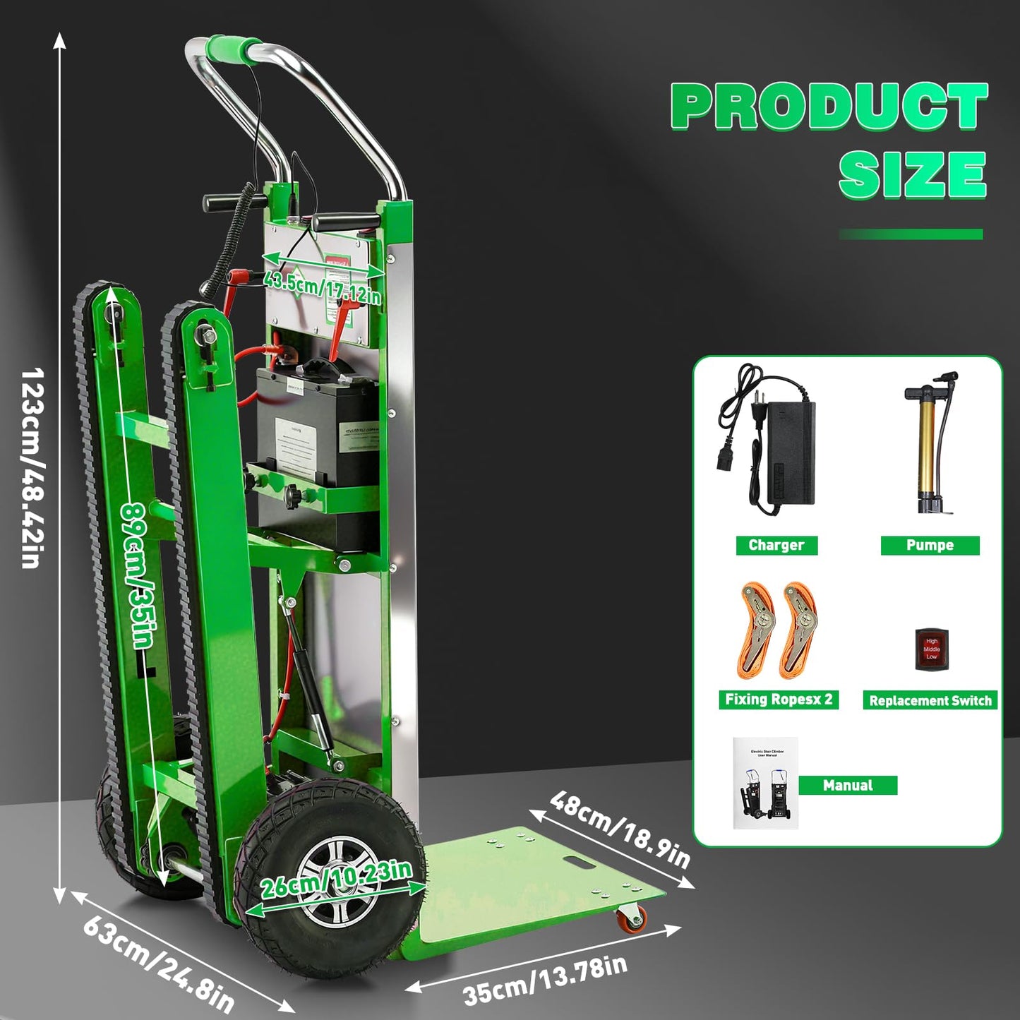 Electric Stair Climbing Dolly, 900lbs Heavy Duty Stair Climber, Stainless Steel Platform, Lithium Battery & Safety Rope, Foldable Moving Hand Truck for Warehouse Furniture Transport, Green