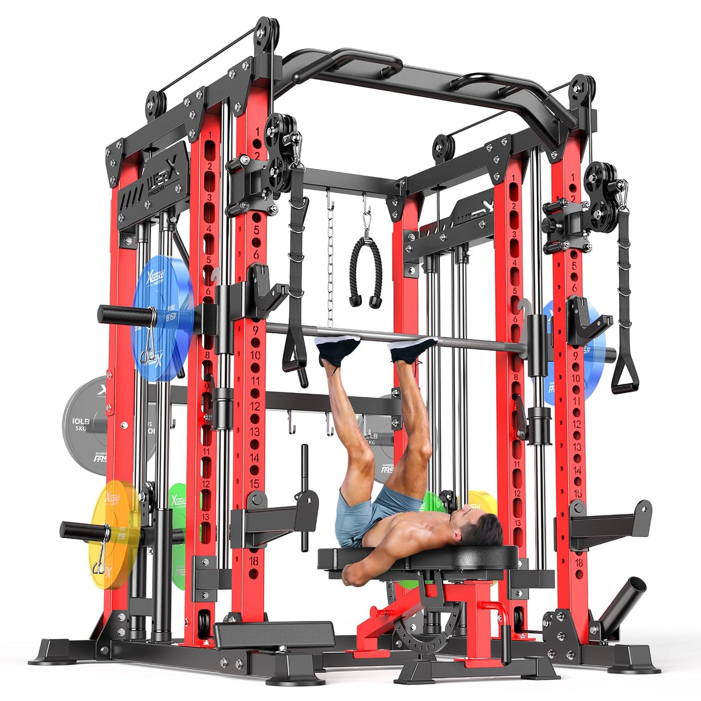 XGSW XINGESIWR Multi-Purpose Squat Rack,Smith Machine Weight Rack Set with Cable Crossover System, Home Gym Power Racks, Power Racks and Packages (L04, Power cage Red+Bench)