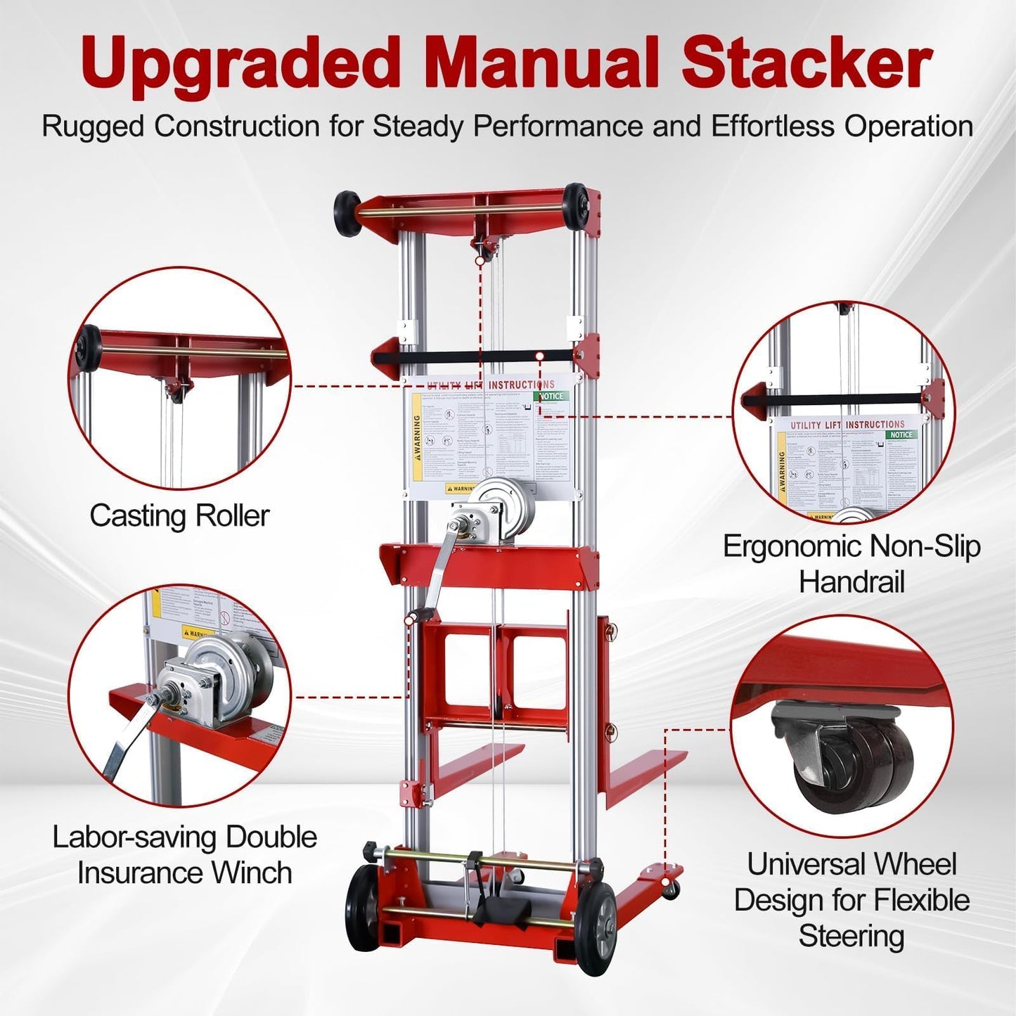 ELOMBR 122" Material Lift Winch Stacker, 400 lbs Capacity Manual Material Lifts, Fixed Straddle Material Lifter, Hand Winch Lift Trucks for Warehouse, Factory, Lightweight, 34.60" L x 24.80" W, Red