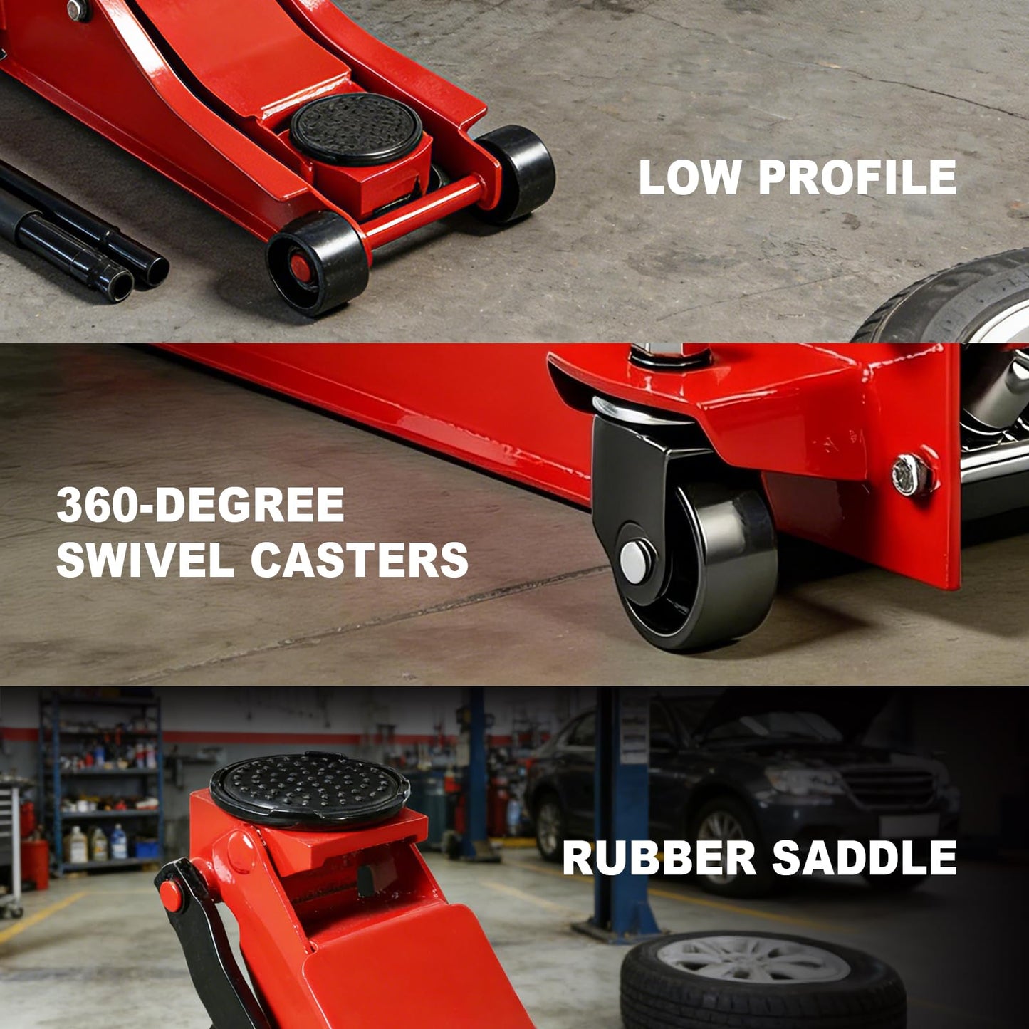 Jack Boss 3 Ton Floor Jack, 6600LBS Capacity Hydraulic Car Jack, Low Profile Portable Jack with Dual Pumps, Quickly Lift Steel Service Jack, Lifting Range 3-1/8" Min to 20" Max Red